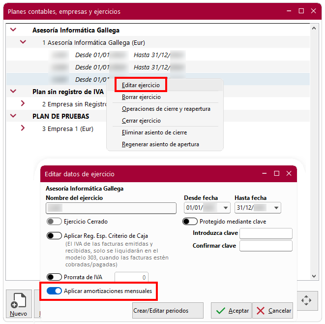 Ventana Planes contables, empresas y ejercicios y ventana Editar datos de ejercicio en ClassicConta 7.